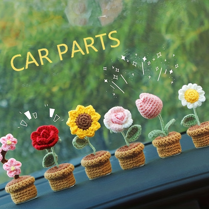 Handmade Crochet Polyester Sunflower Rose Tulip Puff Carnation Miniature Bonsai Car Parts for Living Room Tabletop Decor, No Electricity Needed, Perfect for Christmas, Thanksgiving, Valentine's, Mother'S Day, Graduation Gifts