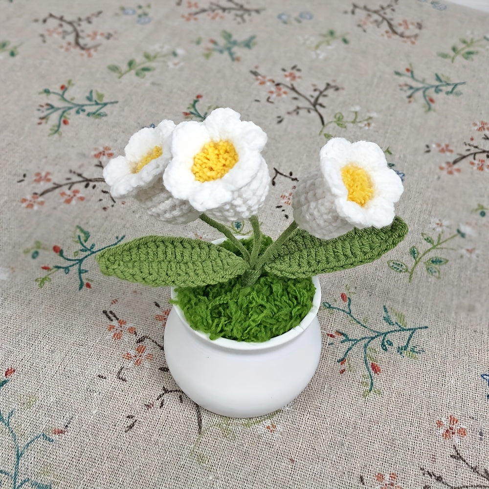 1pc Hand-Knitted Miniature Potted Flower Decor - Vibrant Multicolor Fabric Artificial Floral Arrangement, No Fade No Pill, Cute Table Centerpiece for Home Office Desk, Graduation Party, Festive Gift (No Vase Included)