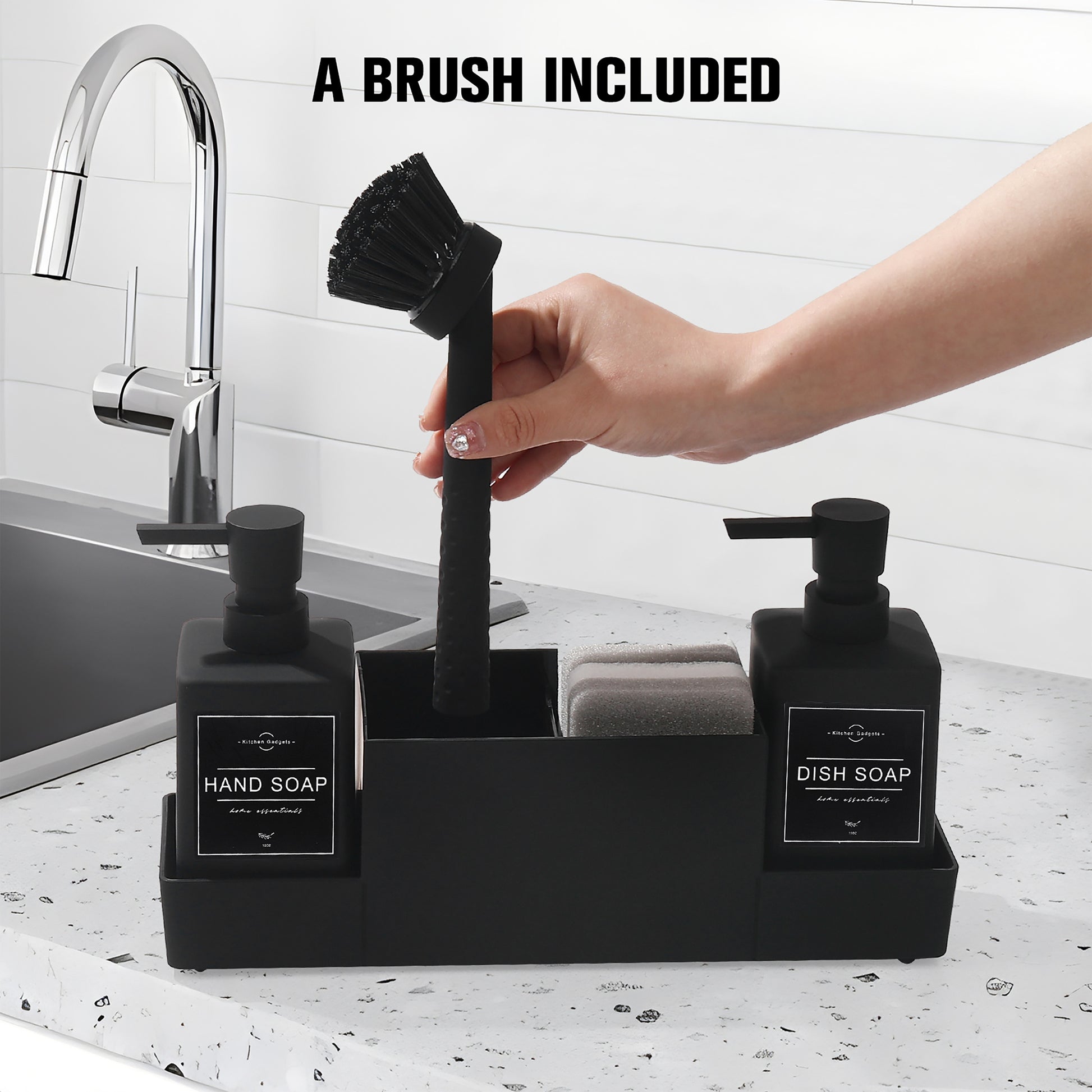 1 Set Black Double Soap Dispenser with Sponge Holder And Dish Brush for Kitchen Sink Countertop, Freestanding Plastic, Phthalate-Free, No Electricity Needed