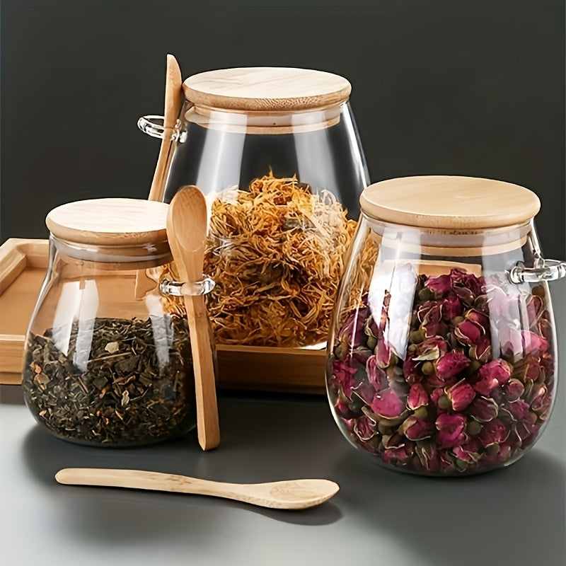2pcs (jar+spoon)1 Set: Sealed Glass Storage Jar with Spoon - Perfect for Coffee, Sugar, Tea, Salt, Candy and Spices | Ideal Kitchen Organizer for Home, Restaurant and Food Truck