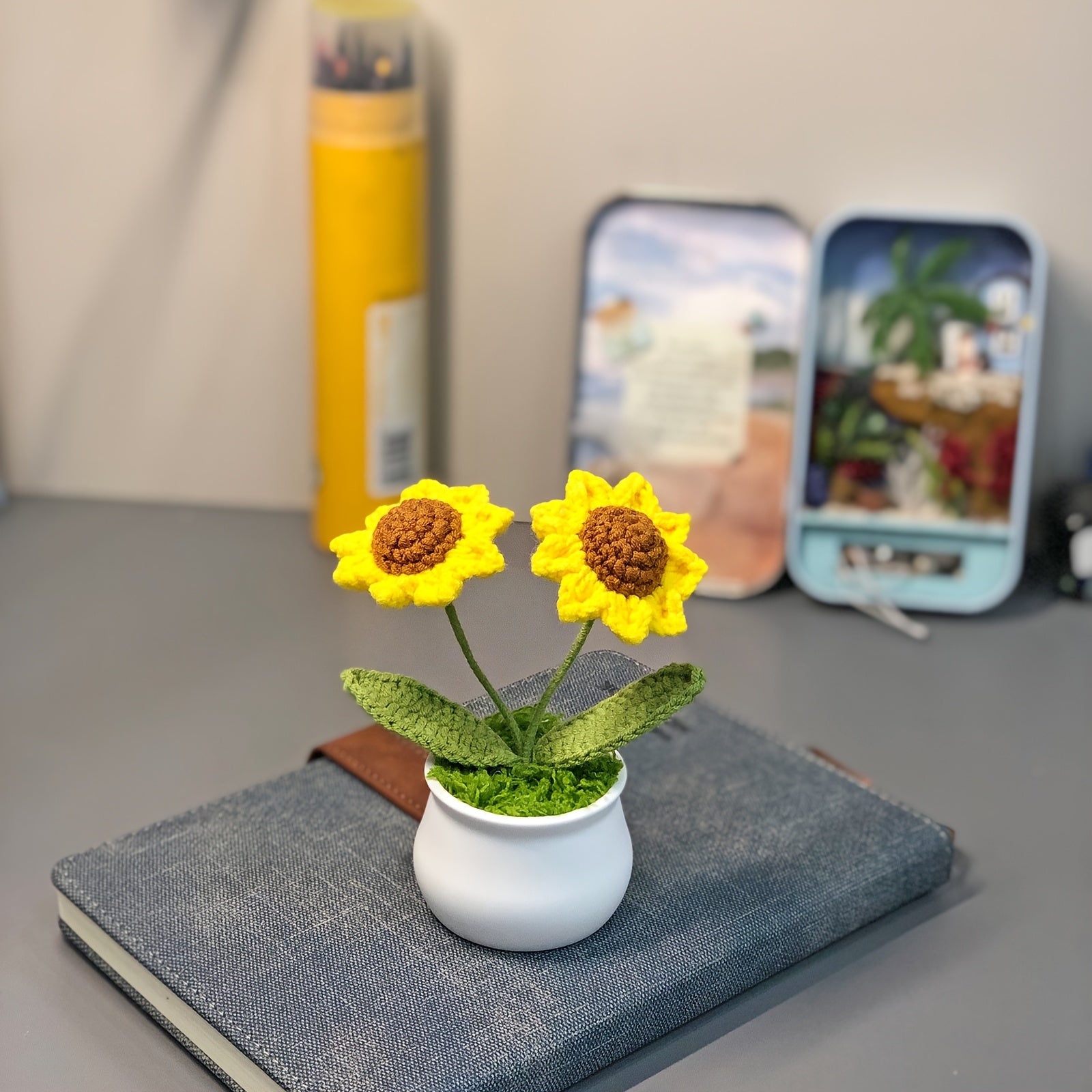 1pc Hand-Knitted Miniature Potted Flower Decor - Vibrant Multicolor Fabric Artificial Floral Arrangement, No Fade No Pill, Cute Table Centerpiece for Home Office Desk, Graduation Party, Festive Gift (No Vase Included)