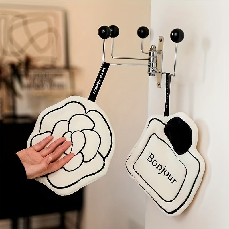 [Ultra Absorbent] Camellia Flower Kitchen Hand Towels | 3pcs | Coral Fleece | Ultra Absorbent & Lint-Free | Kitchen Towels | Modern Black & White Design | Hanging Loop