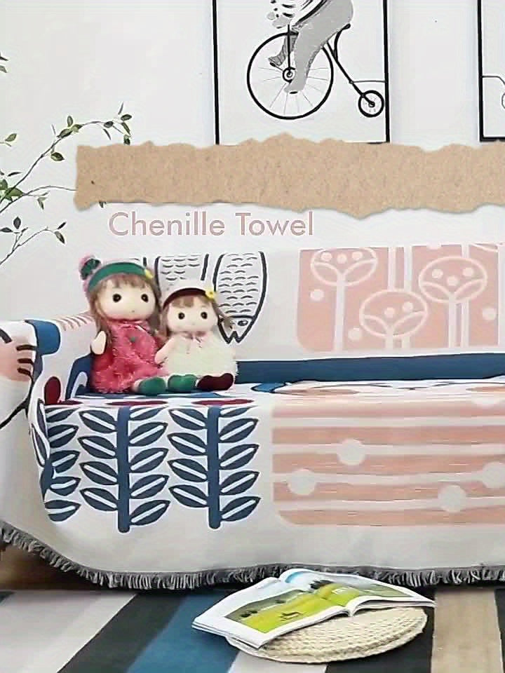 1pc Modern Tassel Sofa Throw Cover - Hand Washable Blend, Universal Fit for Armchair to Sectional Sofas, Botanical & Abstract Cat Patterns, Furniture Protector for Home & Office Decor