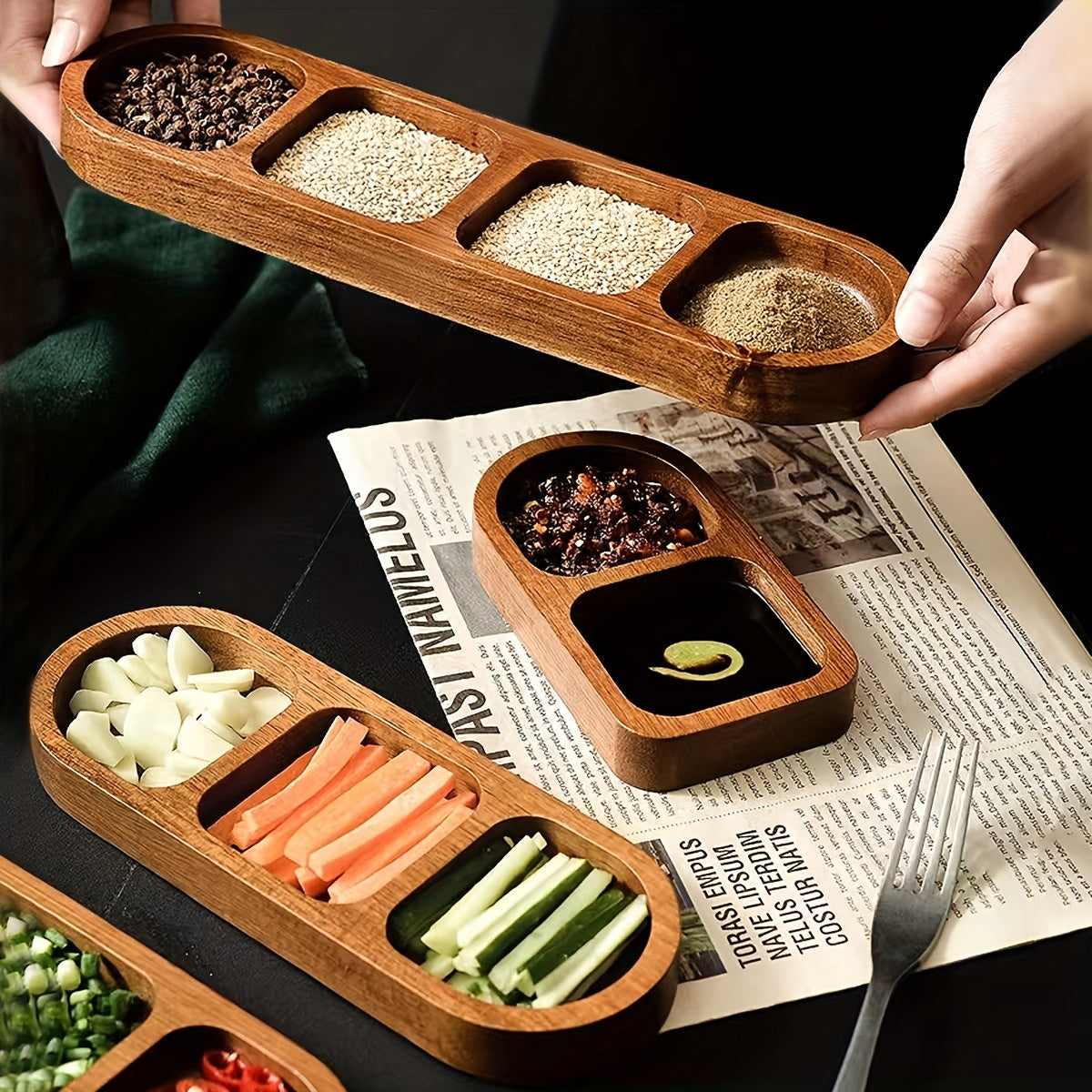 1pc Solid Wood Spice Organizer Dish with 6 Compartments