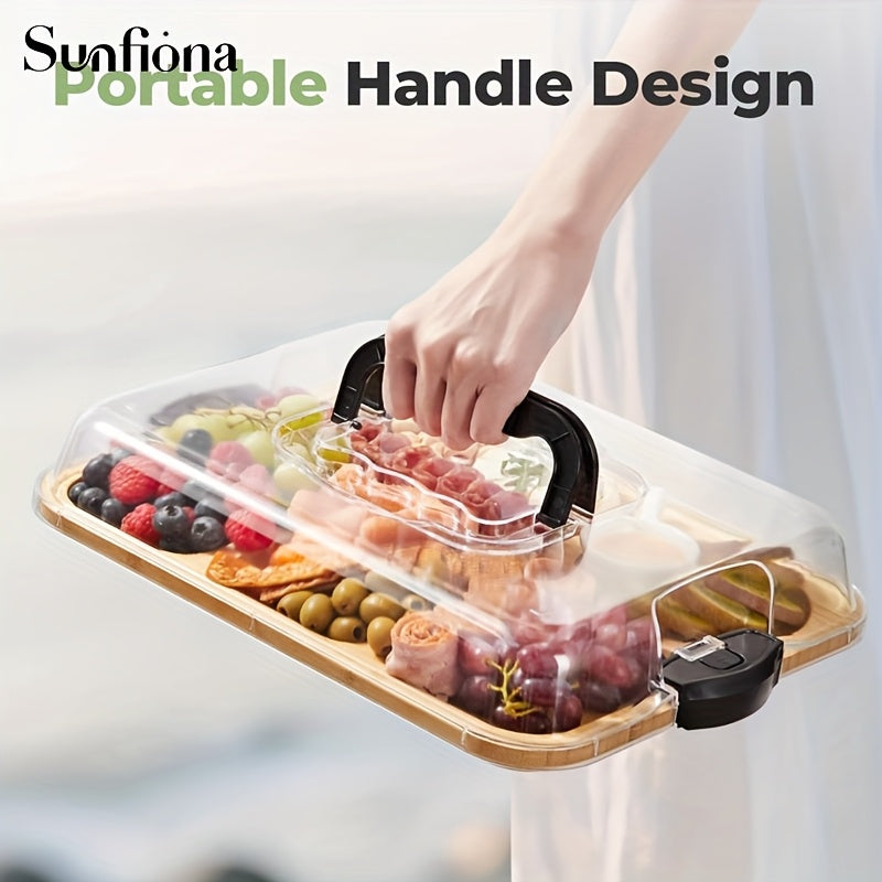 Sunfiona 1pc Bamboo Cheese Tray with Transparent Acrylic Lid