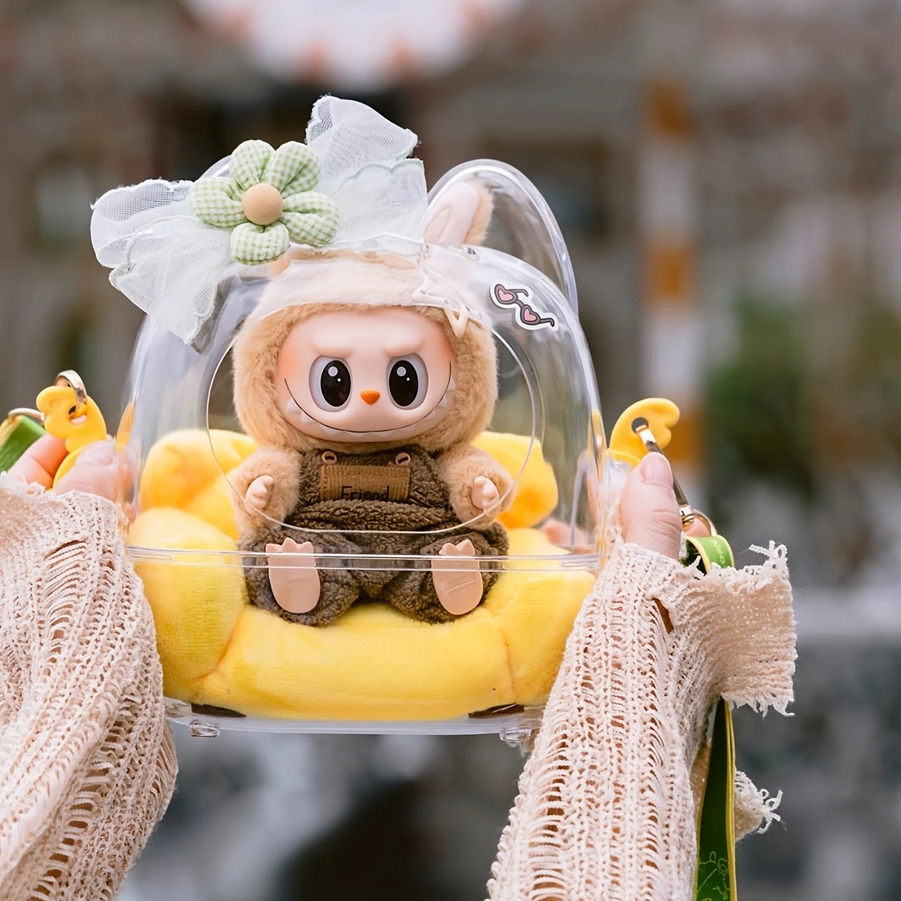 2025 Crystal Clear Acrylic Display Case with Adjustable Strap - Labubu/Crybaby/Skullgirl Anime Figure Showcase, Large Transparent Storage with Detachable Door & Playful Character Design for Collectors, Summer Eye-Catching Glowing Acrylic Carrier, Anime Ac