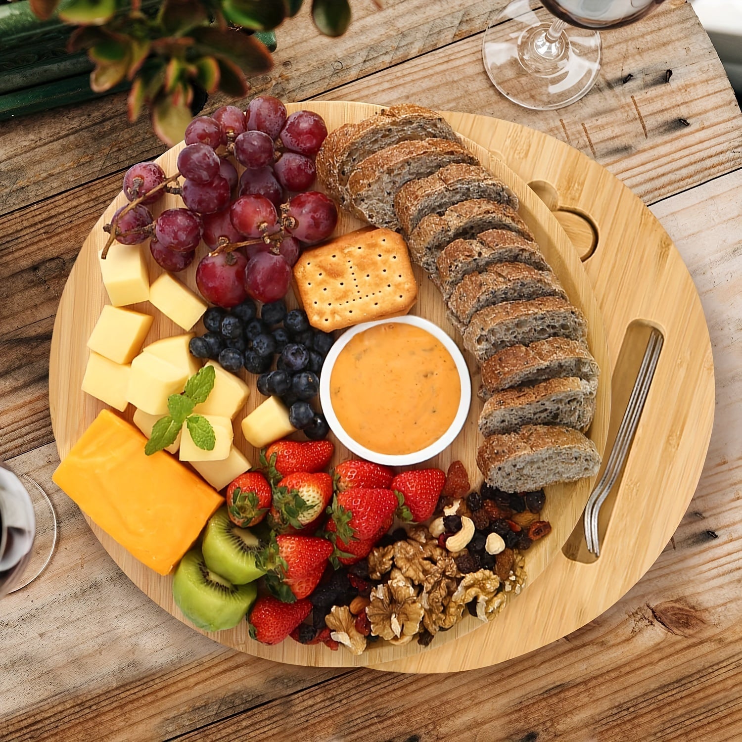 1set Bamboo Cheese Board With Knife And Fork