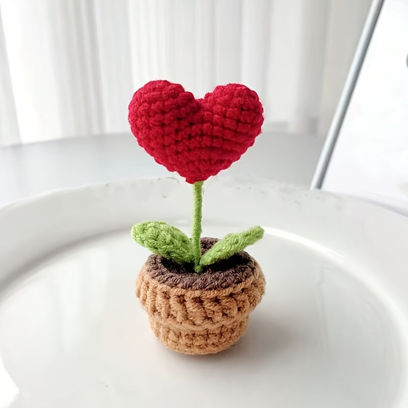 1pc Handcrafted Crochet Heart-Shaped Potted Plant, Fabric Artificial Peony Decoration, No Electricity Needed, Valentine's Day Home Decor Accent