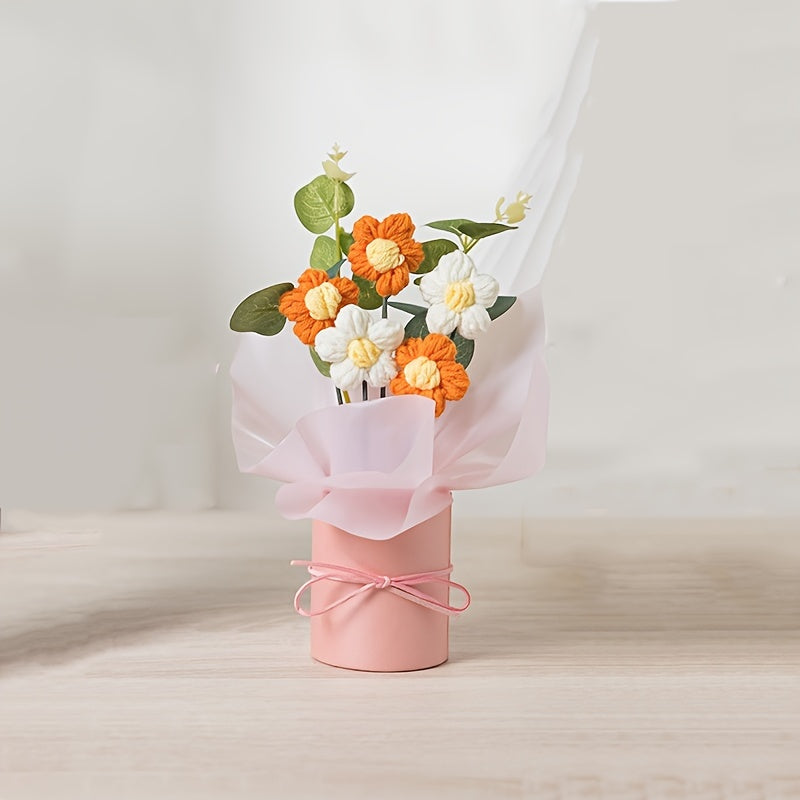 1 Set Handmade Yarn Artificial Flower Bouquet with Plastic Bucket, Ribbon, and Tissue Paper - 5 Yarn Hook Flowers in Pink, White, and Yellow - Ideal for Mother'S Day, Valentine'S Day, Birthdays, and Home Decor, Mother'S Day Gift|Elegant Flower Arrangement