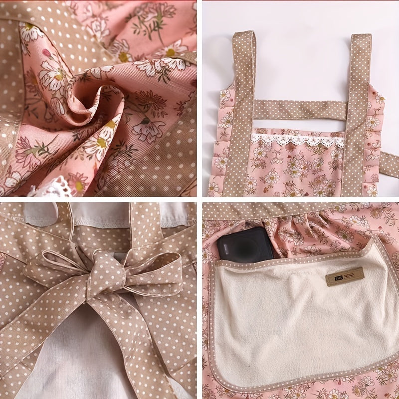 [Floral Princess Apron] 1pc Floral Lace Princess Apron - Hand Wipe Pocket - Suitable for Kitchen, Living Room, Bathroom Cleaning