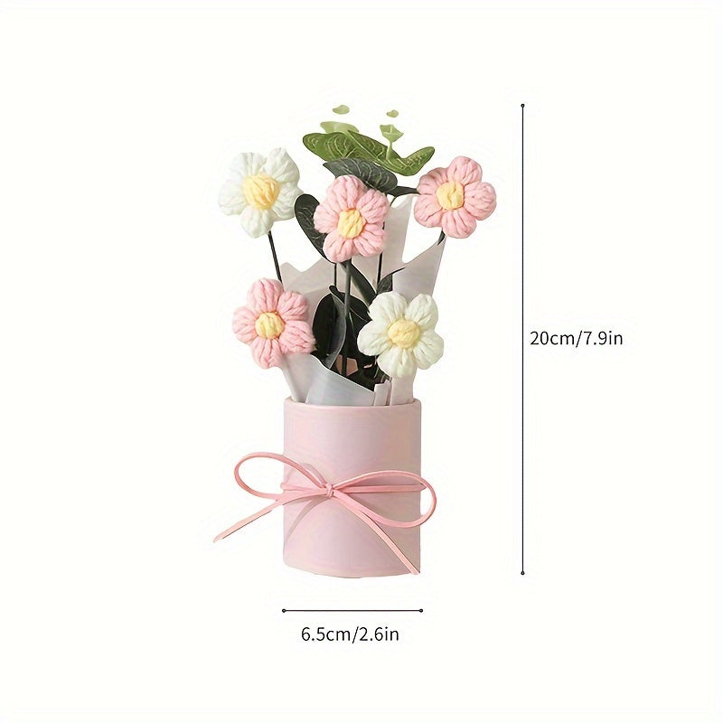 1 Set Handmade Yarn Artificial Flower Bouquet with Plastic Bucket, Ribbon, and Tissue Paper - 5 Yarn Hook Flowers in Pink, White, and Yellow - Ideal for Mother'S Day, Valentine'S Day, Birthdays, and Home Decor, Mother'S Day Gift|Elegant Flower Arrangement