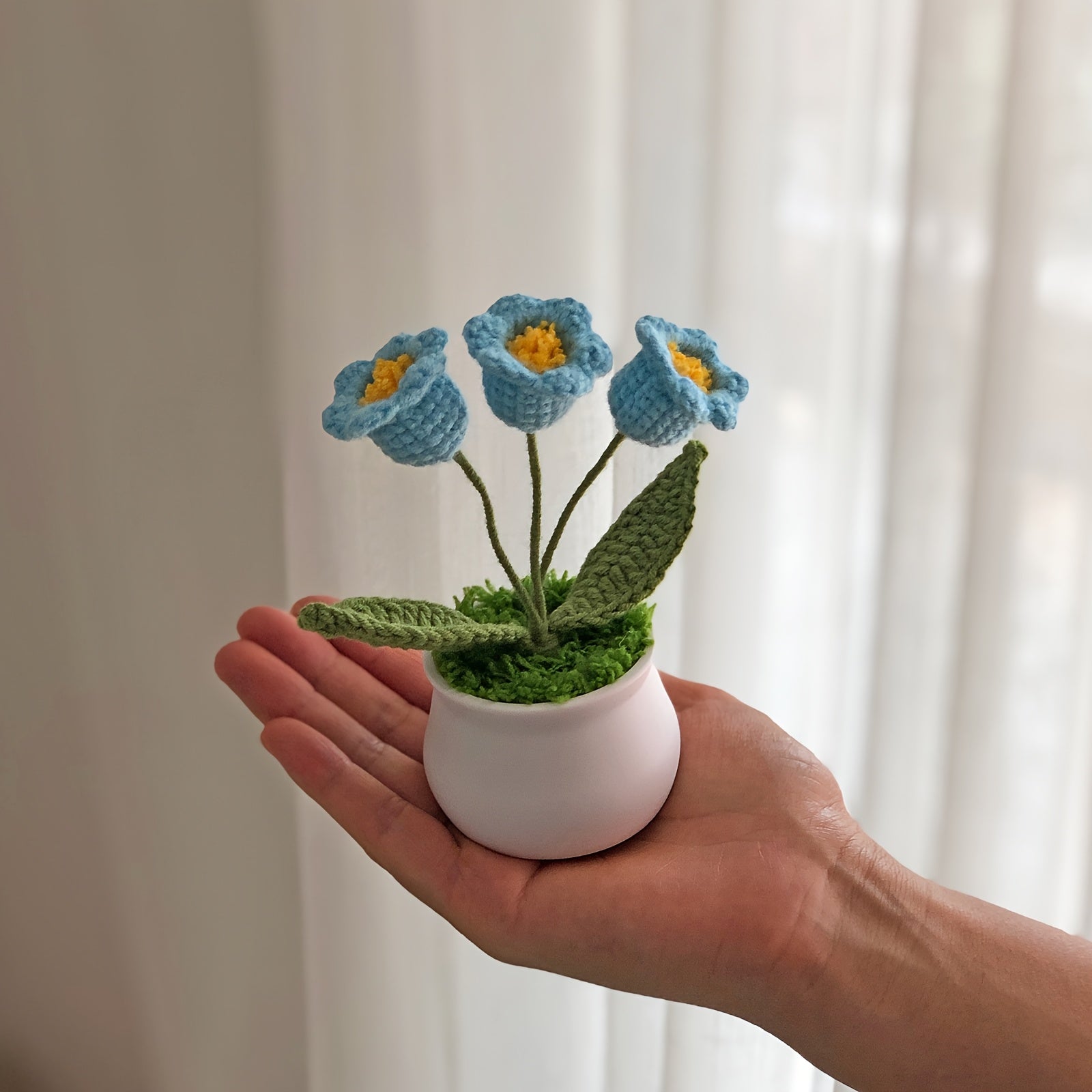 1pc Hand-Knitted Miniature Potted Flower Decor - Vibrant Multicolor Fabric Artificial Floral Arrangement, No Fade No Pill, Cute Table Centerpiece for Home Office Desk, Graduation Party, Festive Gift (No Vase Included)