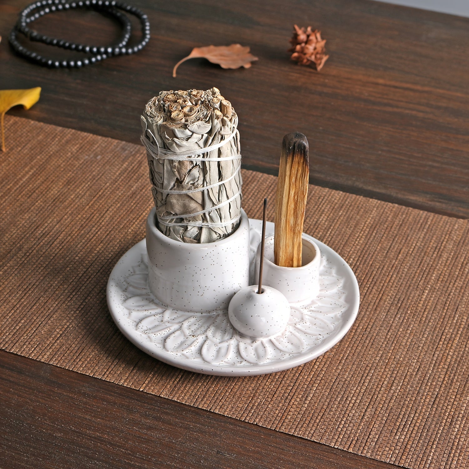 1pc 4-in-1 Ceramic Incense Burner Holder – Palo Santo & Sage Smudge Stand with Stick & Candle Holder, Elegant Home Decor for Meditation, Yoga, and Aromatherapy Relaxation, Home Relaxation | Rustic Ceramic Holder | Terracotta Design, Incense Holder
