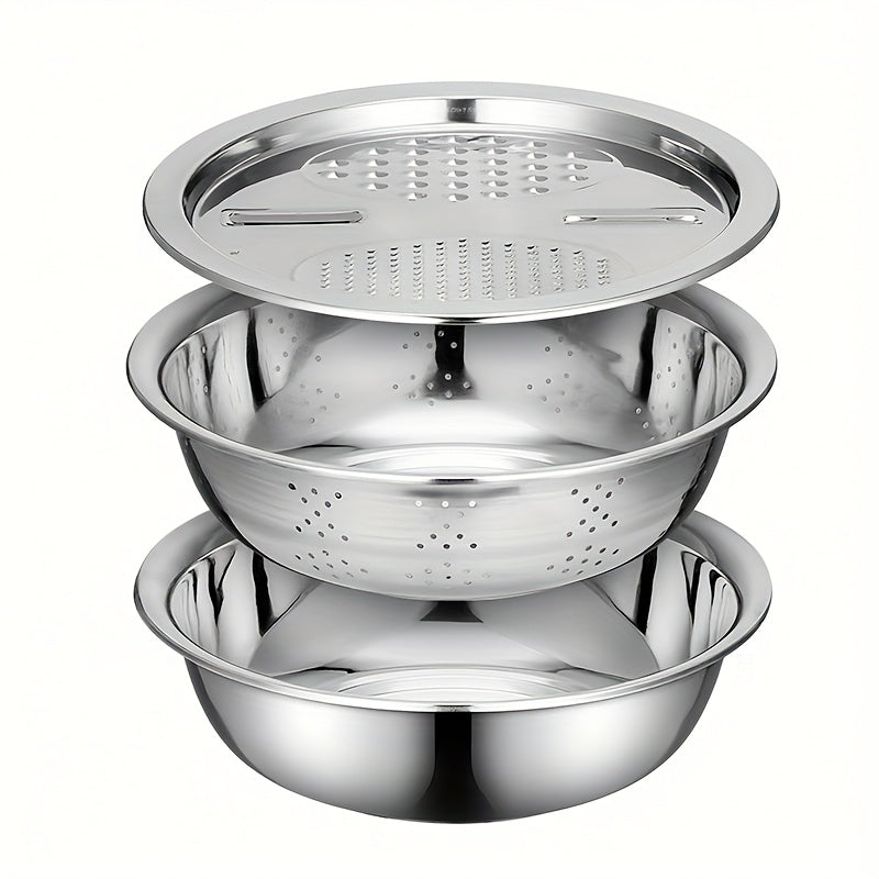 3pcs Stainless Steel Kitchen Set with Integrated Grinder, Multi-Purpose Filter and Mixing Bowl - Ideal for Cleaning and Slicing Fruits, Vegetables, and Cheese | Food Safety with Drainage System, Perfect for Home Cooking, Kitchen Grinder