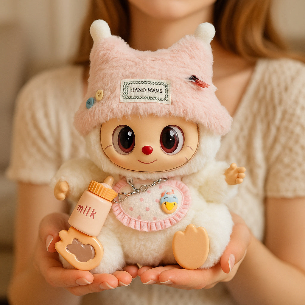 Adorable Outfit Set Suitable for 6.69-inch LabubuDoll, Pink and White Cream Style with Cat Ear Hat + Bib + Bottle Charm Combo (Doll and Shoes Not Included)
