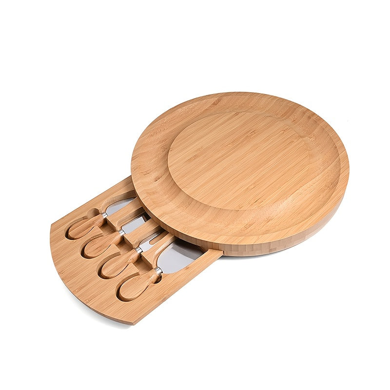 1set Bamboo Cheese Board With Knife And Fork