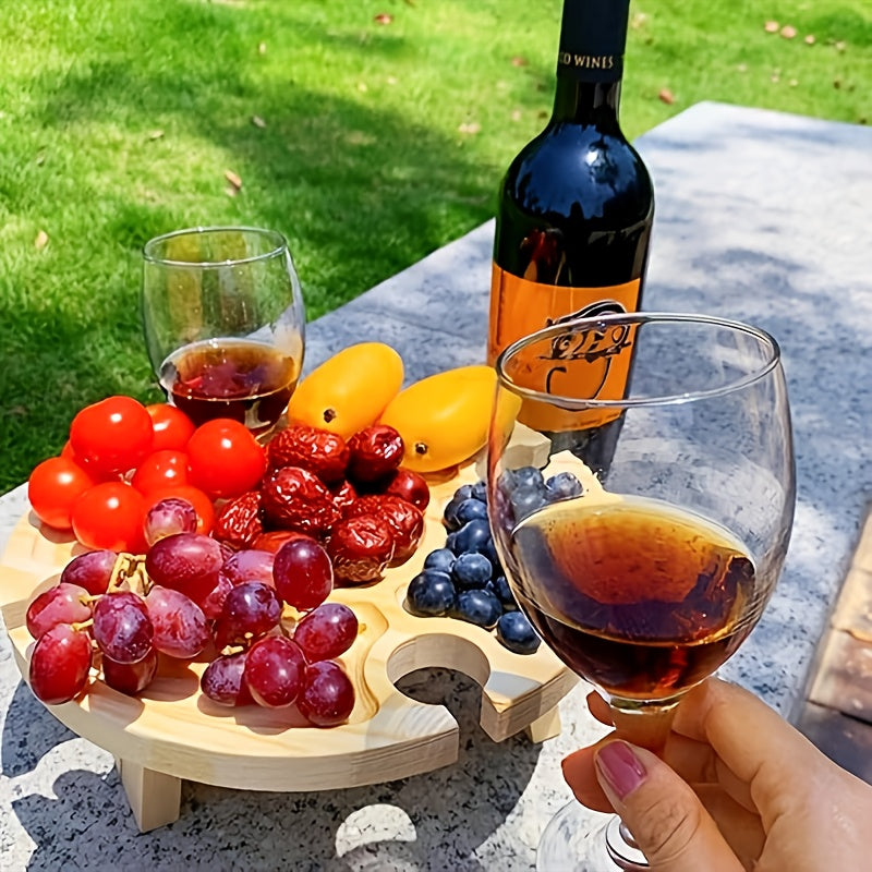 1pc Handmade Wooden Folding Picnic Table with Wine Rack