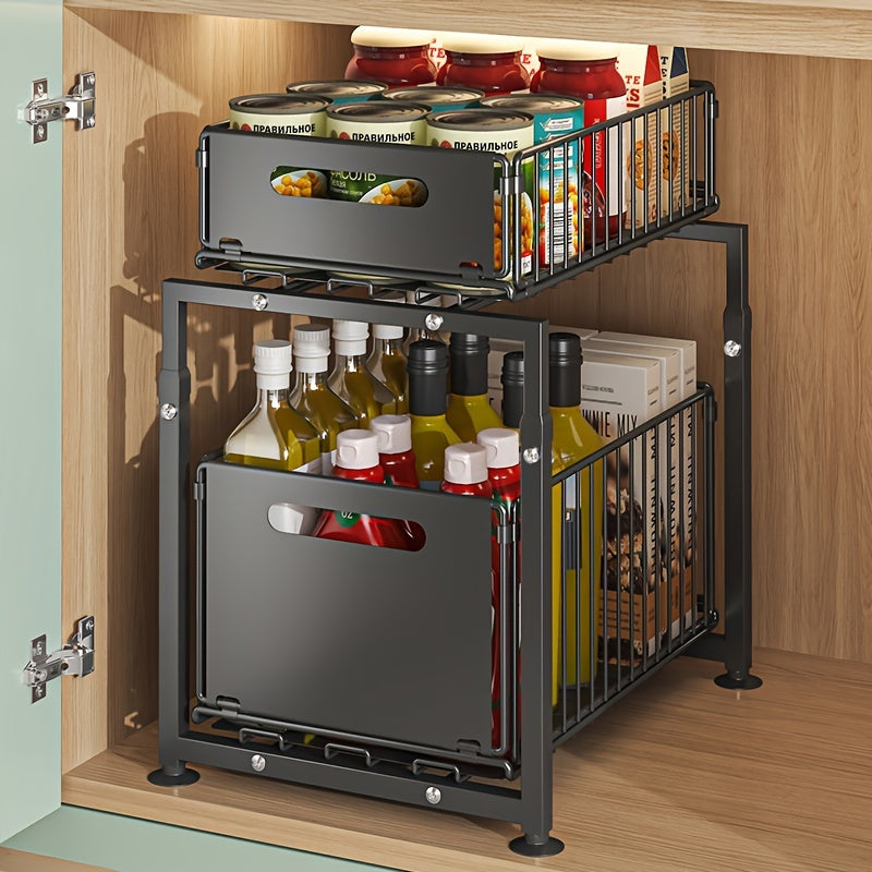 2-Tier Under Sink Storage Cabinet with Pull-Out Metal Drawers - Adjustable Height, Iron Construction, Ample Storage Space for Kitchen & Bathroom Essentials - Black Finish, Easy Assembly, Space-Saving Design