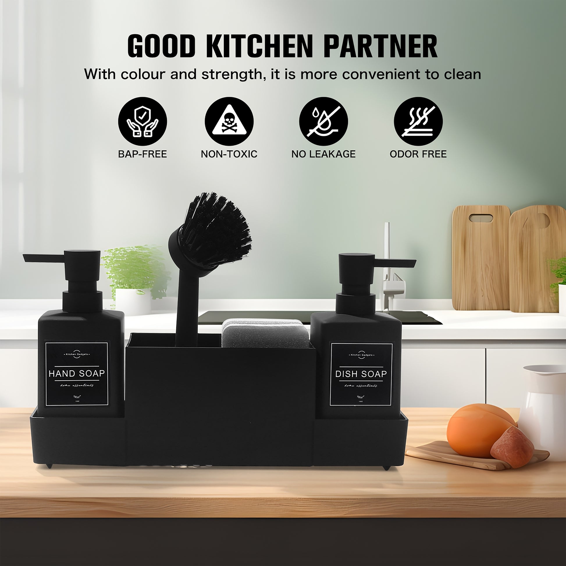 1 Set Black Double Soap Dispenser with Sponge Holder And Dish Brush for Kitchen Sink Countertop, Freestanding Plastic, Phthalate-Free, No Electricity Needed
