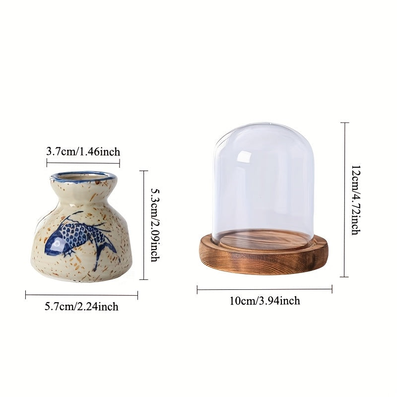 Retro Ceramic Toothpick Box with Glass Dome Cover & Wooden Base - Blue & White Fish Design, Golden Accents - Elegant Home Office Decor, Holiday Gift, Tabletop Decor, Classic Decor, Premium Materials, Decorative Storage, Vintage Lovers