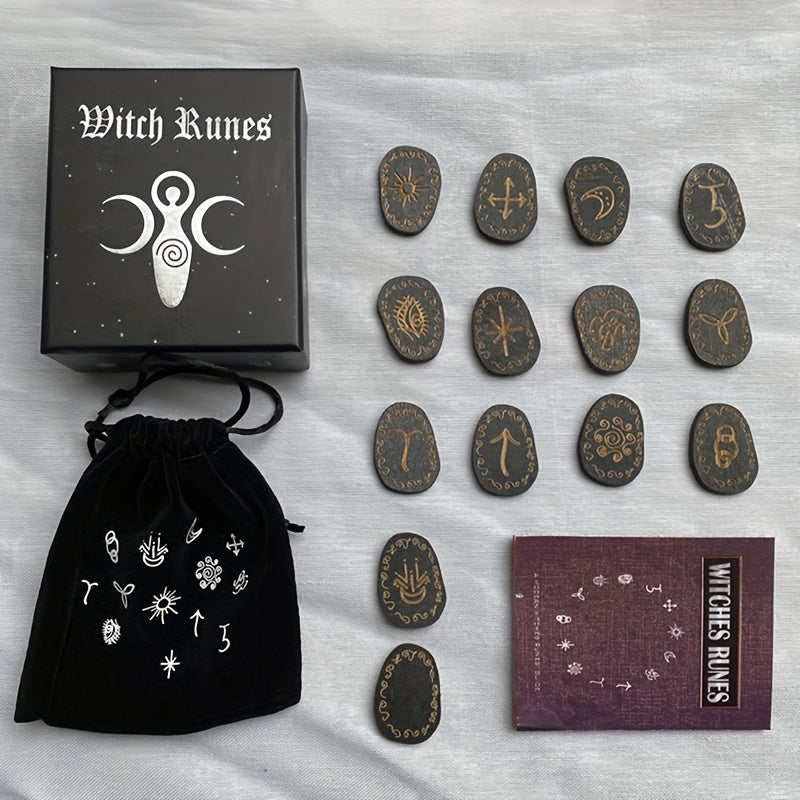 1 Set Wood Runes Stone Witches Rune Set 14pcs Engraved Rune Symbol for Divination Halloween Party Supply