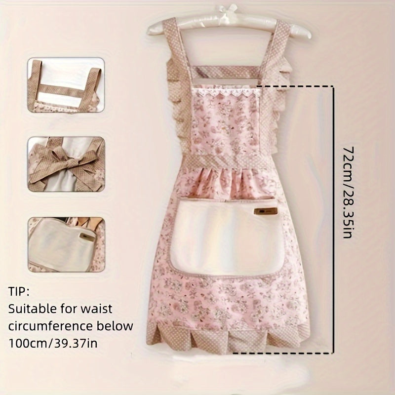 [Floral Princess Apron] 1pc Floral Lace Princess Apron - Hand Wipe Pocket - Suitable for Kitchen, Living Room, Bathroom Cleaning