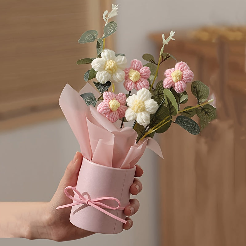 1 Set Handmade Yarn Artificial Flower Bouquet with Plastic Bucket, Ribbon, and Tissue Paper - 5 Yarn Hook Flowers in Pink, White, and Yellow - Ideal for Mother'S Day, Valentine'S Day, Birthdays, and Home Decor, Mother'S Day Gift|Elegant Flower Arrangement
