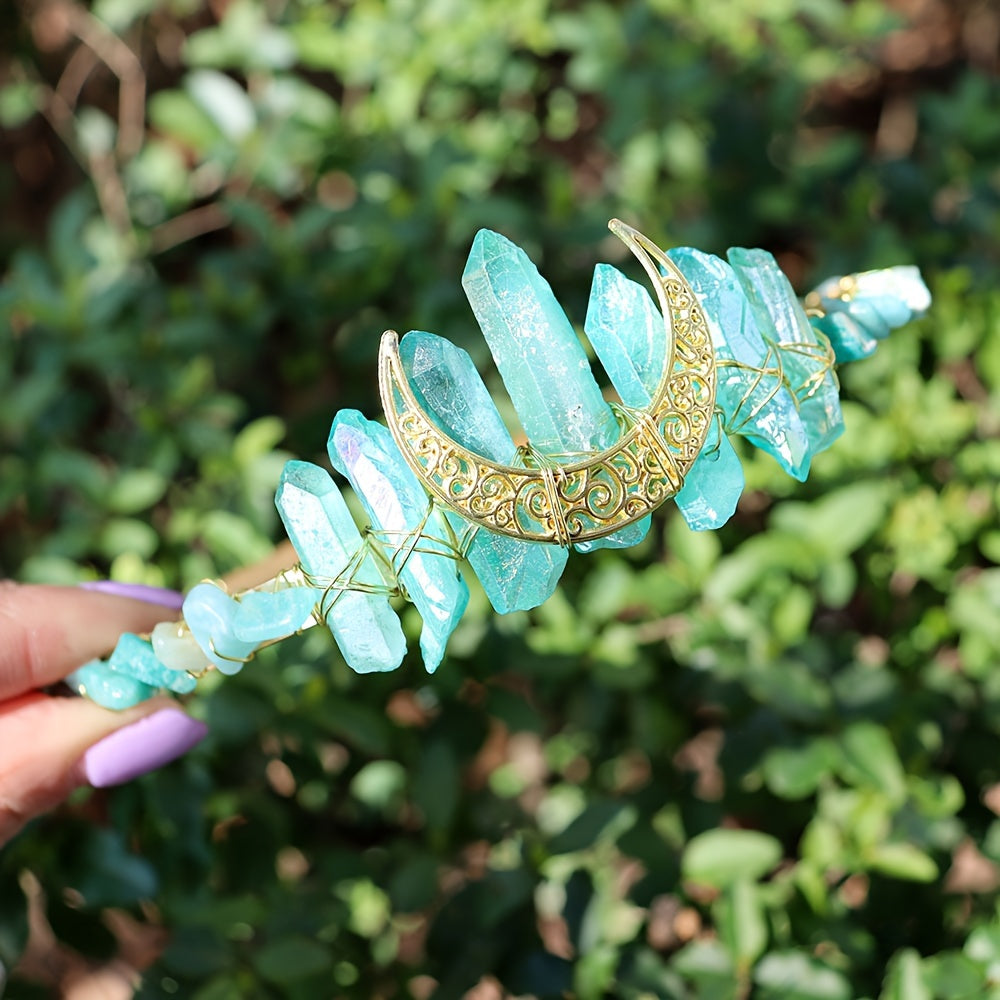 1pc Elegant Natural Crystal Headband - Moon Shaped Hollow Tiara - Chic Hair Jewelry for Special Occasions and Everyday Glamour