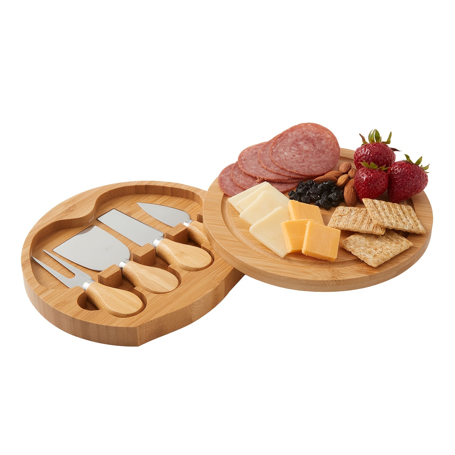 1set Bamboo Cheese Board With Knife And Fork