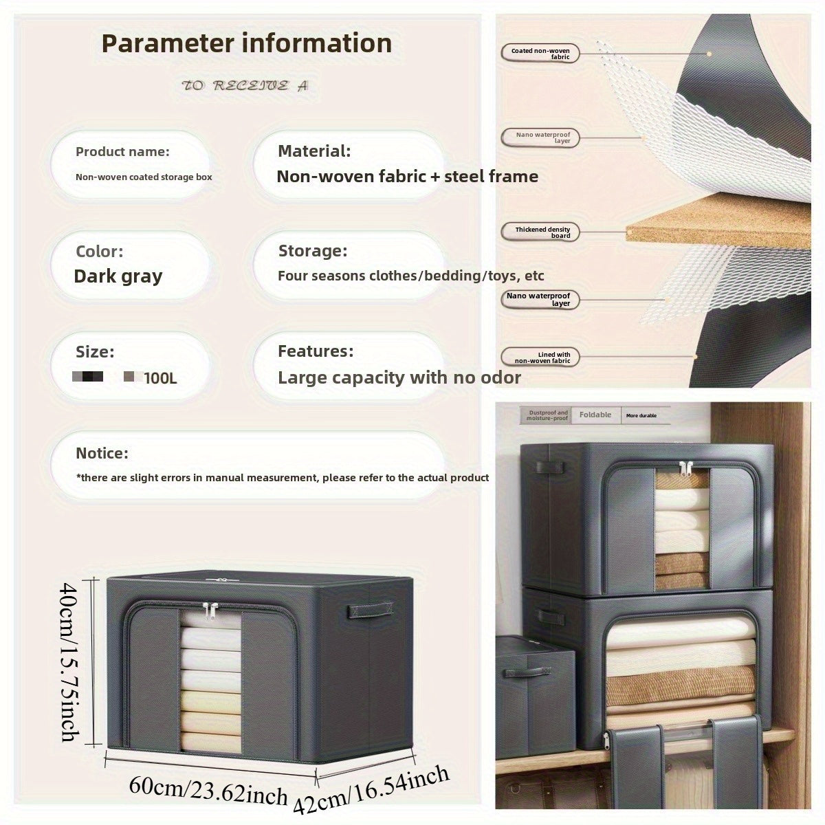 Large Capacity Waterproof Non-Woven Fabric Storage Box with Clear Visibility Window,