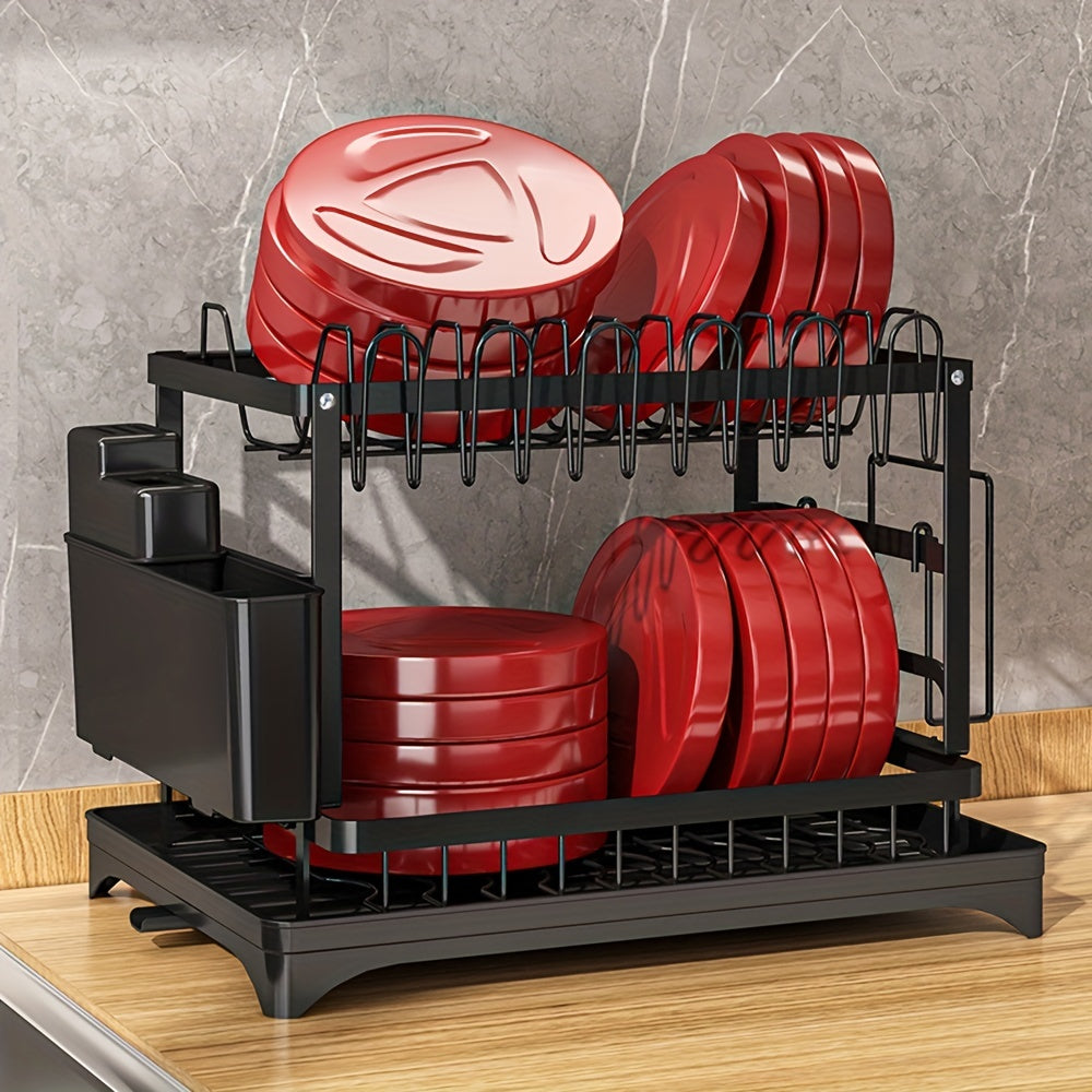 1pc Large Capacity 2-Tier Dish Drying Rack with Drainboard, Double-Layer Bowl & Cup Rack, Detachable Over The Sink Organizer for Kitchen Counter, Black & White - Ideal for Plates, Bowls, Cups & Cutlery Storage, Dish Drying Rack