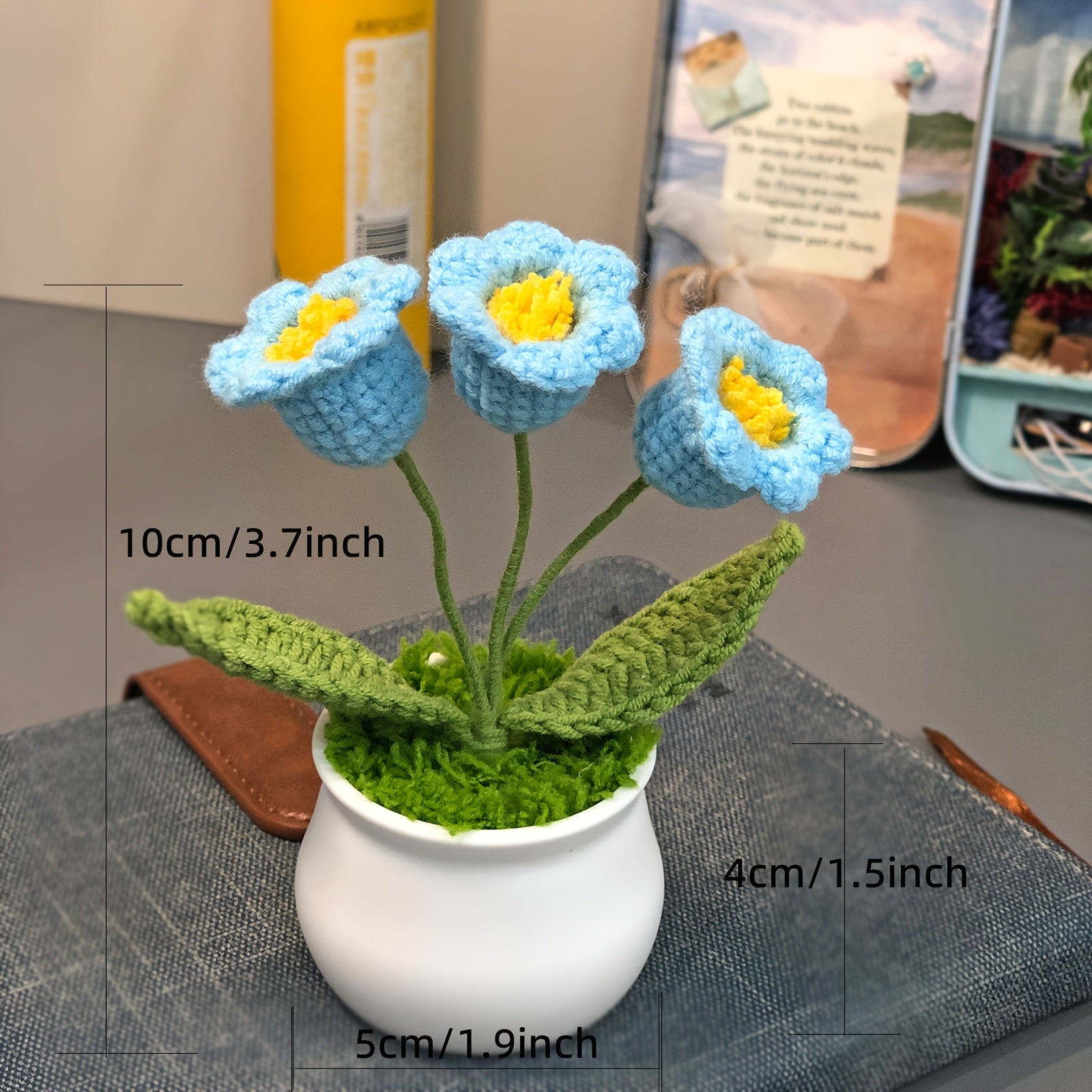 1pc Hand-Knitted Miniature Potted Flower Decor - Vibrant Multicolor Fabric Artificial Floral Arrangement, No Fade No Pill, Cute Table Centerpiece for Home Office Desk, Graduation Party, Festive Gift (No Vase Included)