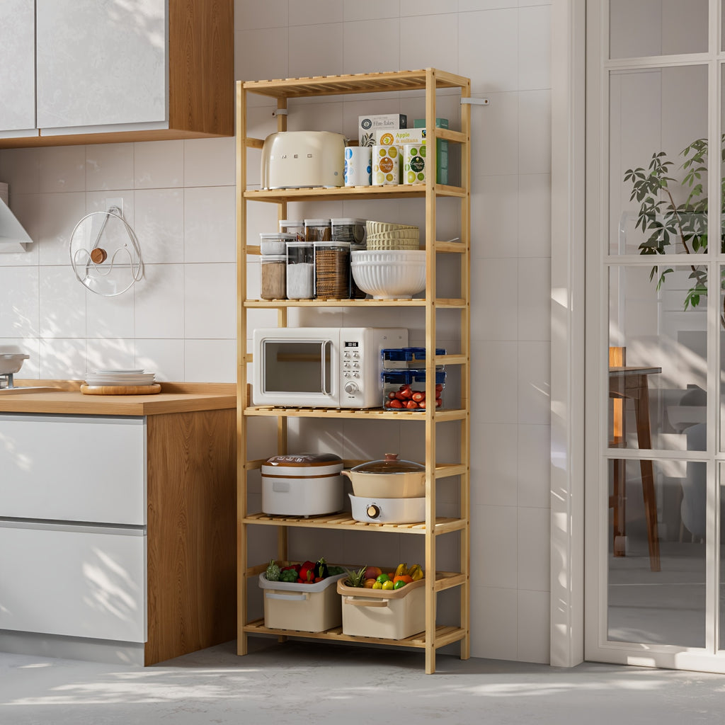 1pc Bamboo 6-Tier Freestanding Shelf Rack, Adjustable Tiered Storage Organizer for Kitchen, Bathroom, Home Office - No Metal Pipes, Versatile Room Use, AESOME, Standing Shelf
