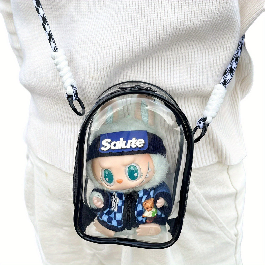 Labubu Is Sitting with a 5.91-Inch Doll Crossbody Cartoon Backpack, a PVC Storage Bag, And Car Curtain Fabric Doll Bag.