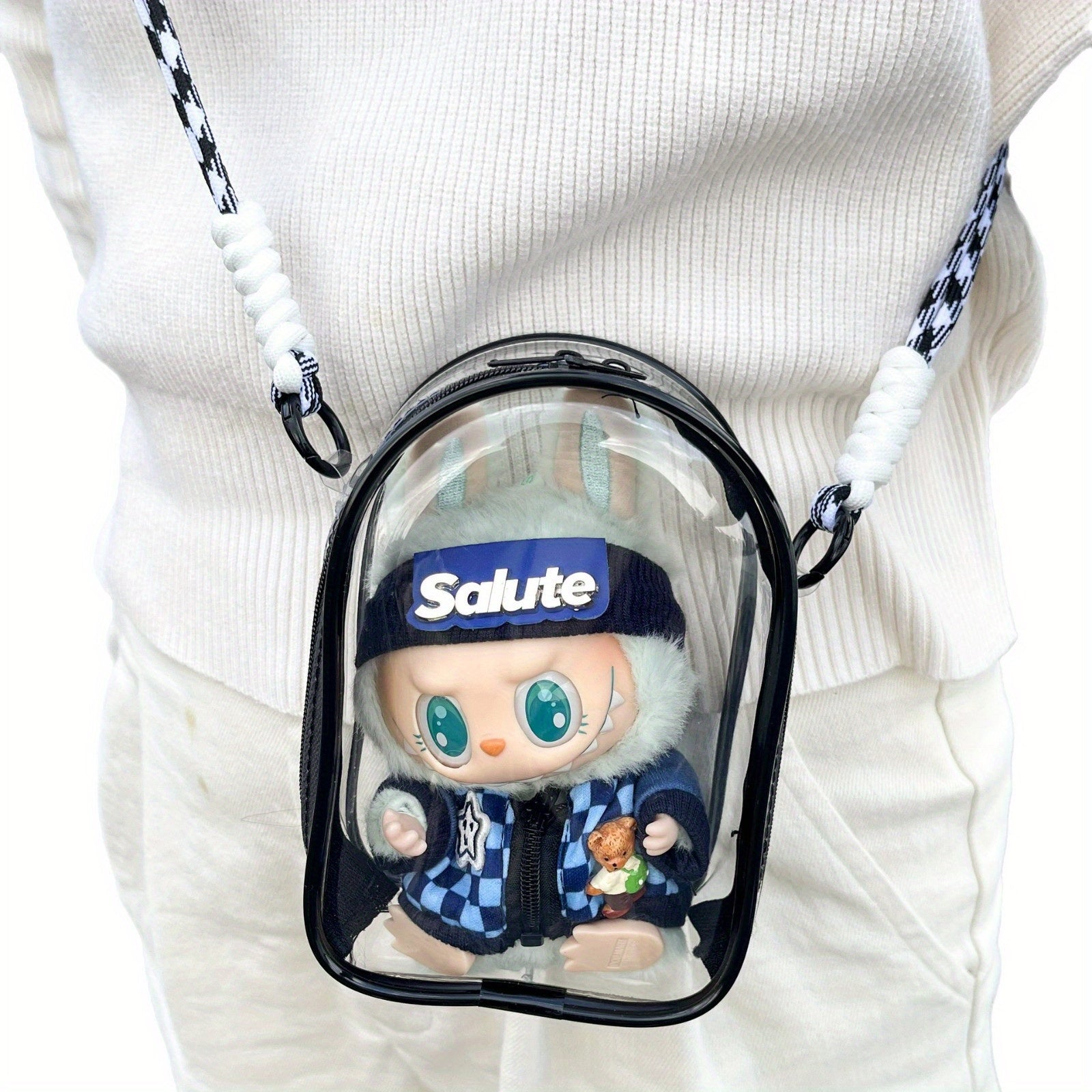 Labubu Is Sitting with a 5.91-Inch Doll Crossbody Cartoon Backpack, a PVC Storage Bag, And Car Curtain Fabric Doll Bag.