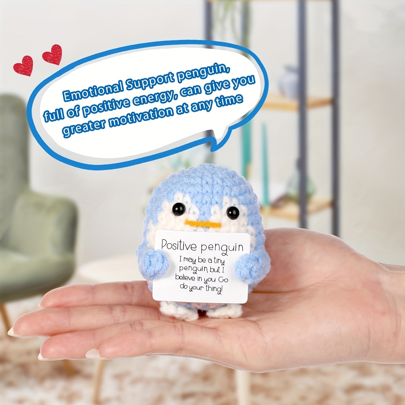 2.56 Inch Funny Positive Penguin, Knitted Emotional Support Penguin Toy with Positive Card Creative Cute Woolen Positive Penguin Crochet Doll Gift for Christmas New Year Friends Encouragement Party Decoration