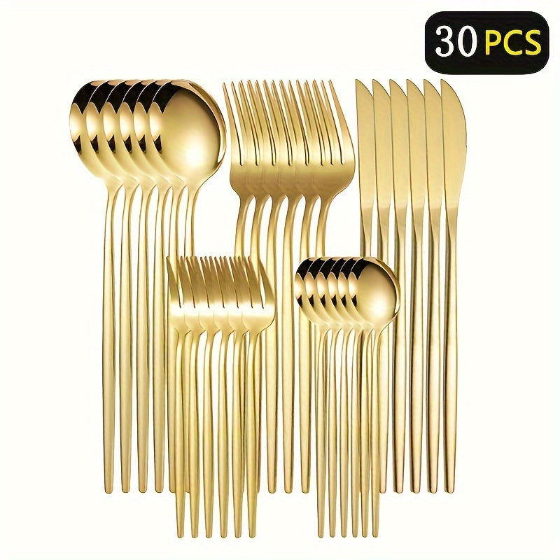 Elegant 30pcs Golden Stainless Steel Cutlery Set - Includes Knives, Forks, Spoons & Dessert Spoons - Dishwasher Safe for Home, Kitchen, Restaurants, Hotels, Parties, Thanksgiving, Easter, Christmas & Weddings, High-grade, Utensil Set
