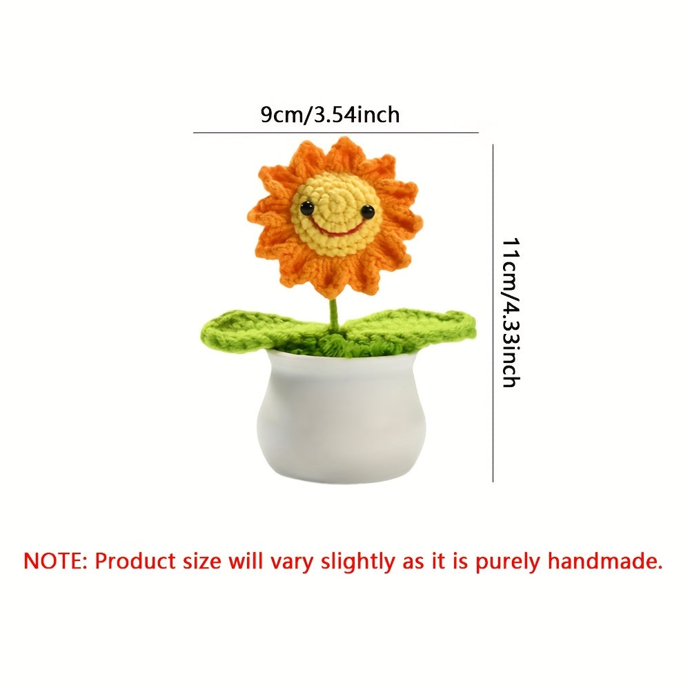 1pc Handmade Crocheted Smiling Sunflower Bonsai Artificial Plant - Vibrant Yellow & Orange Fleeceen Yarn, Realistic Desktop Decor with Pot for Office, Living Room, Bedroom - Thoughtful Gift for Wife, Mother, Girlfriend (Birthday, Christmas, Valentine’s Da