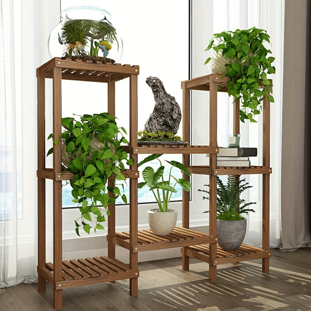 [Wooden Plant Stand] Adjustable Large Wooden Plant Stand | Flower Display Rack Multiple Pots Holder Corner Shelf Balcony Patio Garden Indoor Home Decor Flexible Combination