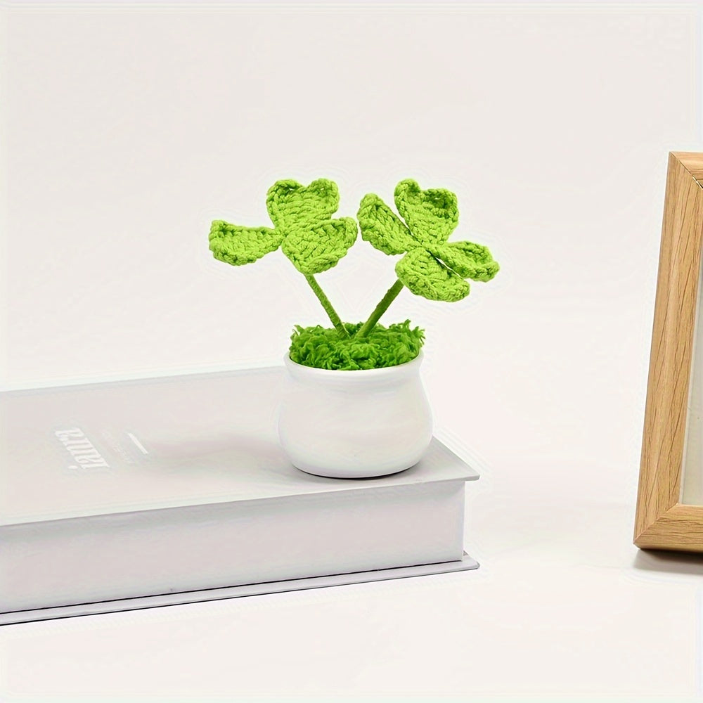 1pc Handmade Artificial Plant Potted, Crocheted Four-leaf Lucky Grass, Unique Knitting Home and Office Desktop Decoration