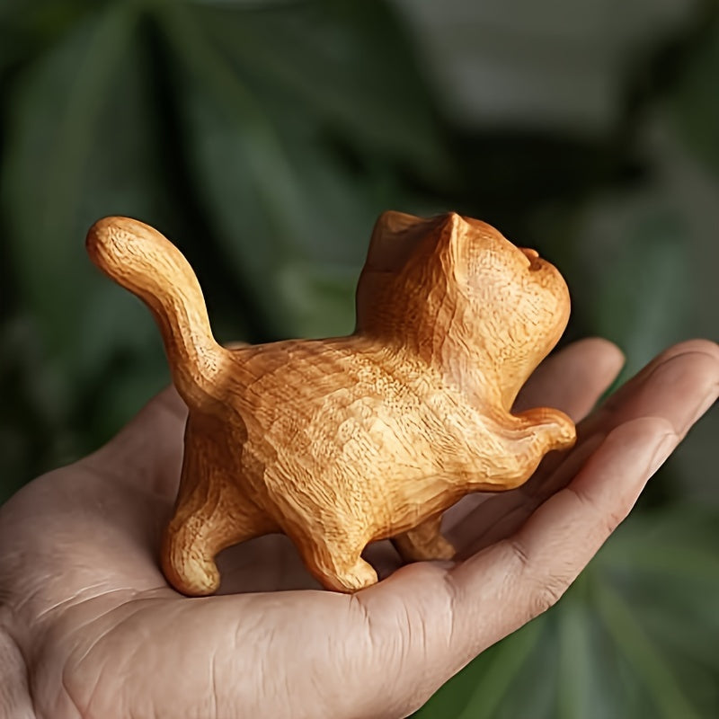 1PC Handcrafted Wooden Cat Figurine, Chisel Textured Finish, Charming Collectible for Various Room Types - Indoor & Outdoor Display, Electricity-Free Decoration