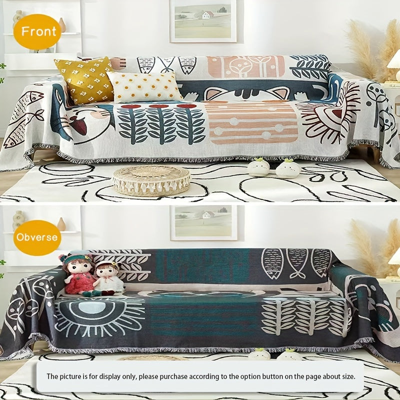 1pc Modern Tassel Sofa Throw Cover - Hand Washable Blend, Universal Fit for Armchair to Sectional Sofas, Botanical & Abstract Cat Patterns, Furniture Protector for Home & Office Decor