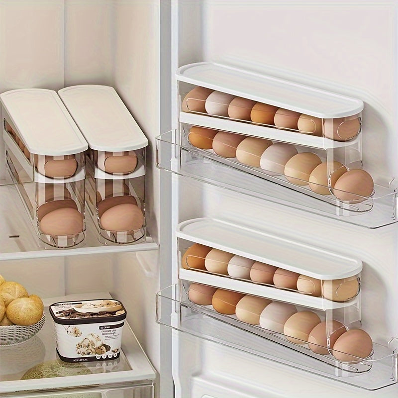 Automatic Double-Layer Fresh Egg Keeper, 12-14 Eggs Sliding Egg Storage Container - Hinged Design, Plastic Material, Non-Contact with Food - Refrigerator Space Saver Egg Rack for Kitchen