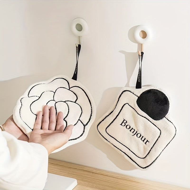 [Ultra Absorbent] Camellia Flower Kitchen Hand Towels | 3pcs | Coral Fleece | Ultra Absorbent & Lint-Free | Kitchen Towels | Modern Black & White Design | Hanging Loop