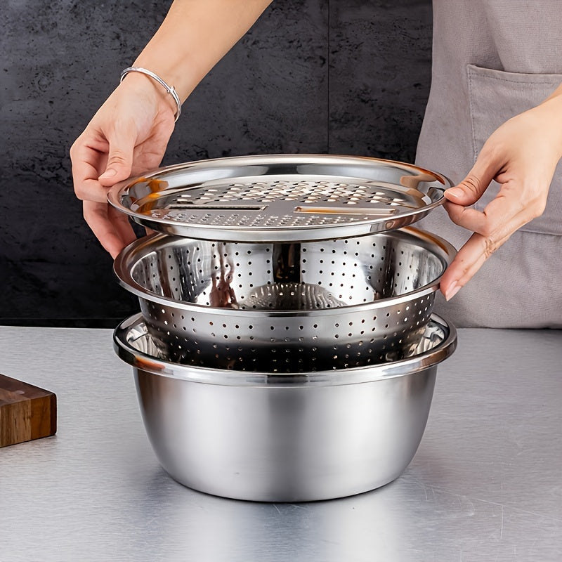 3pcs Stainless Steel Kitchen Set with Integrated Grinder, Multi-Purpose Filter and Mixing Bowl - Ideal for Cleaning and Slicing Fruits, Vegetables, and Cheese | Food Safety with Drainage System, Perfect for Home Cooking, Kitchen Grinder