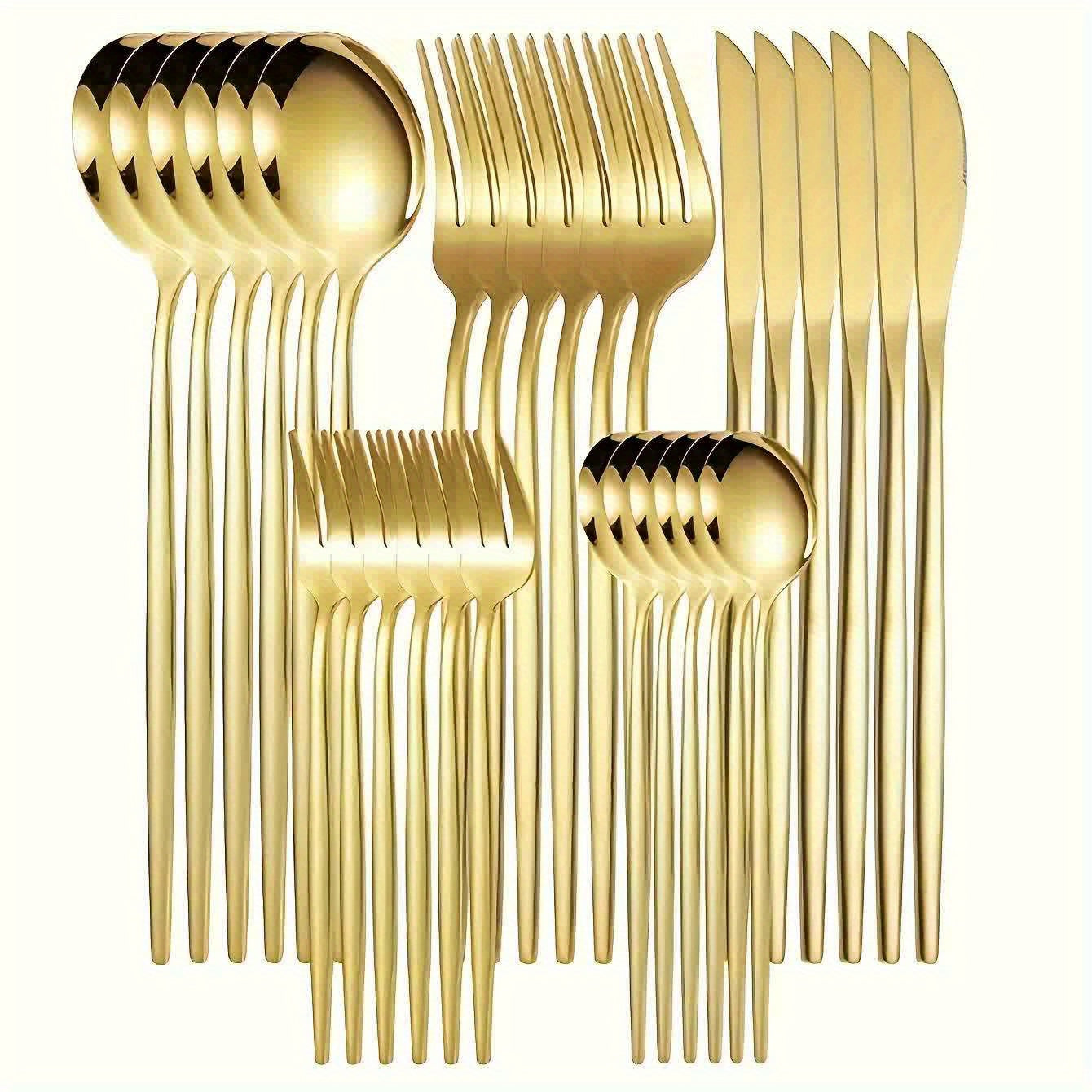 Elegant 30pcs Golden Stainless Steel Cutlery Set - Includes Knives, Forks, Spoons & Dessert Spoons - Dishwasher Safe for Home, Kitchen, Restaurants, Hotels, Parties, Thanksgiving, Easter, Christmas & Weddings, High-grade, Utensil Set