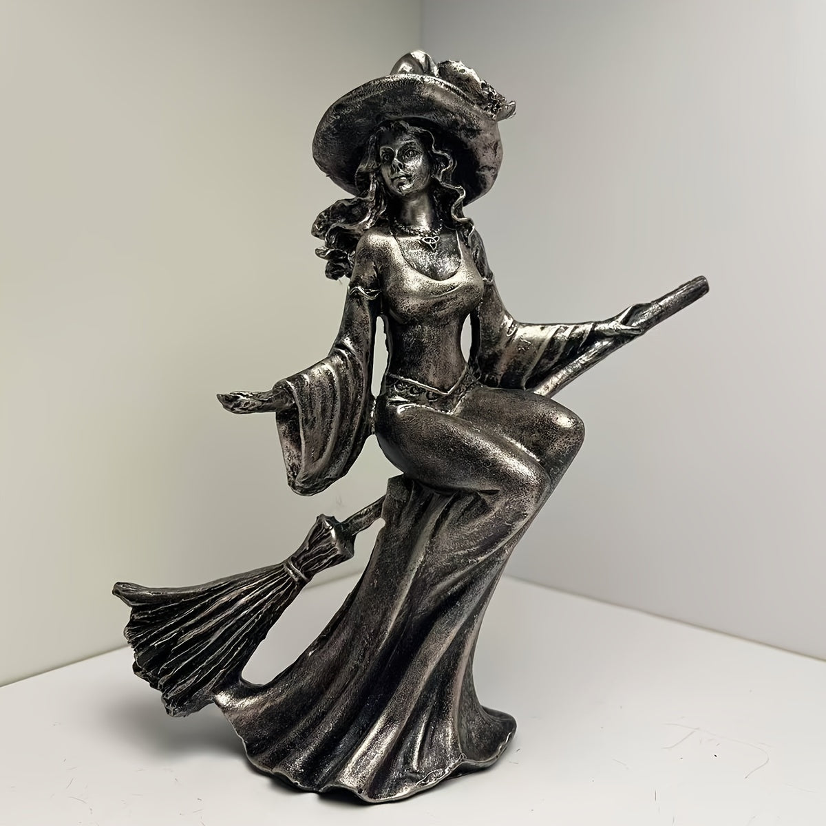 1pc Creative Broom Moon Witch Ornament for Living Room Tabletop Home Decoration Wizard Figure Statue European Style Decorative