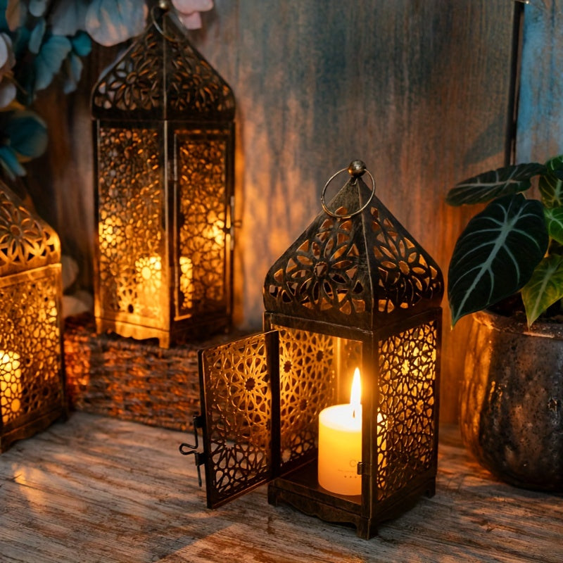 2-Pack Iron Metal Moroccan Style Lanterns, Hollow-Out Projection Art Candle Holders for Festive Tabletop Decor, Halloween, Valentine's, Thanksgiving, Christmas, Home & Kitchen