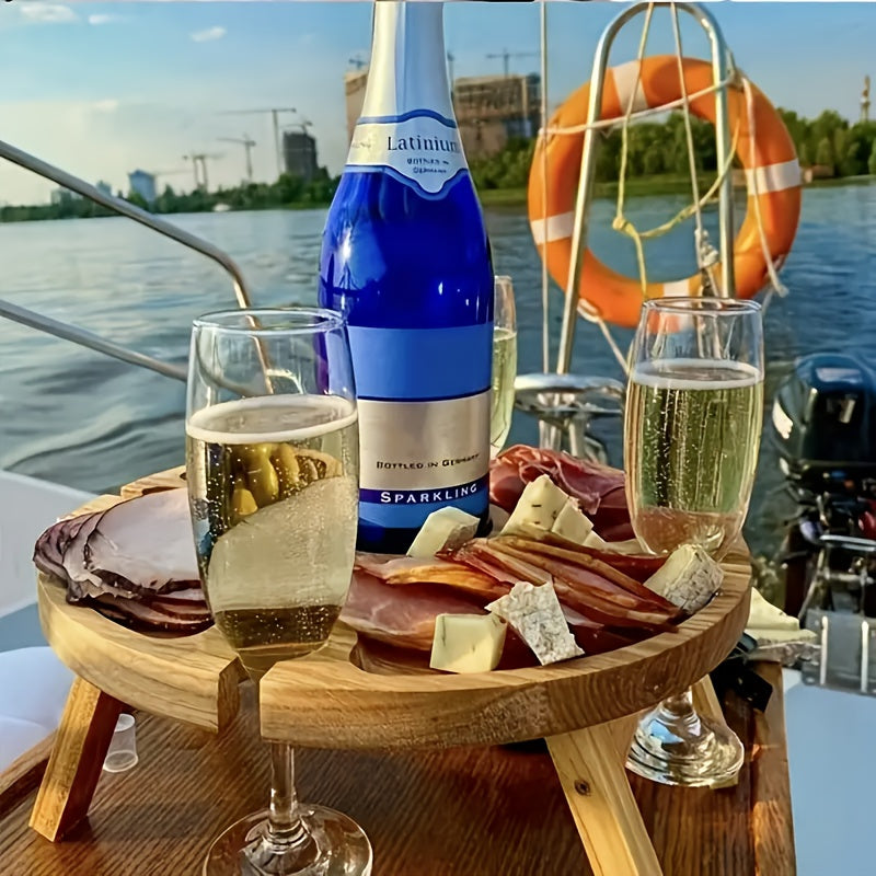1pc Handmade Wooden Folding Picnic Table with Wine Rack