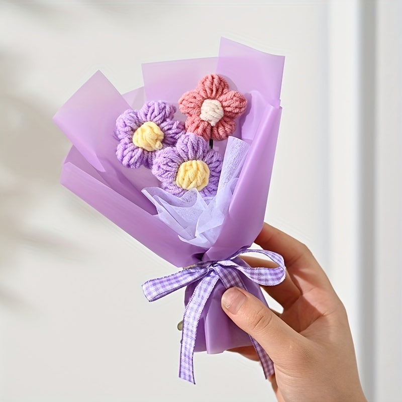 [Artificial Flower Bouquet] 1pc Artificial Mini Knitted Puff Flower Bouquet, Creative Fabric Home Decor Accent - No Electricity or Battery Needed, Ideal for Valentine's Day, Mother's Day, Christmas, Graduation